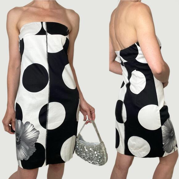 Cache strapless polka dot flower mini dress white‎ black floral vintage Y2K 4 - Picture 3 of 16